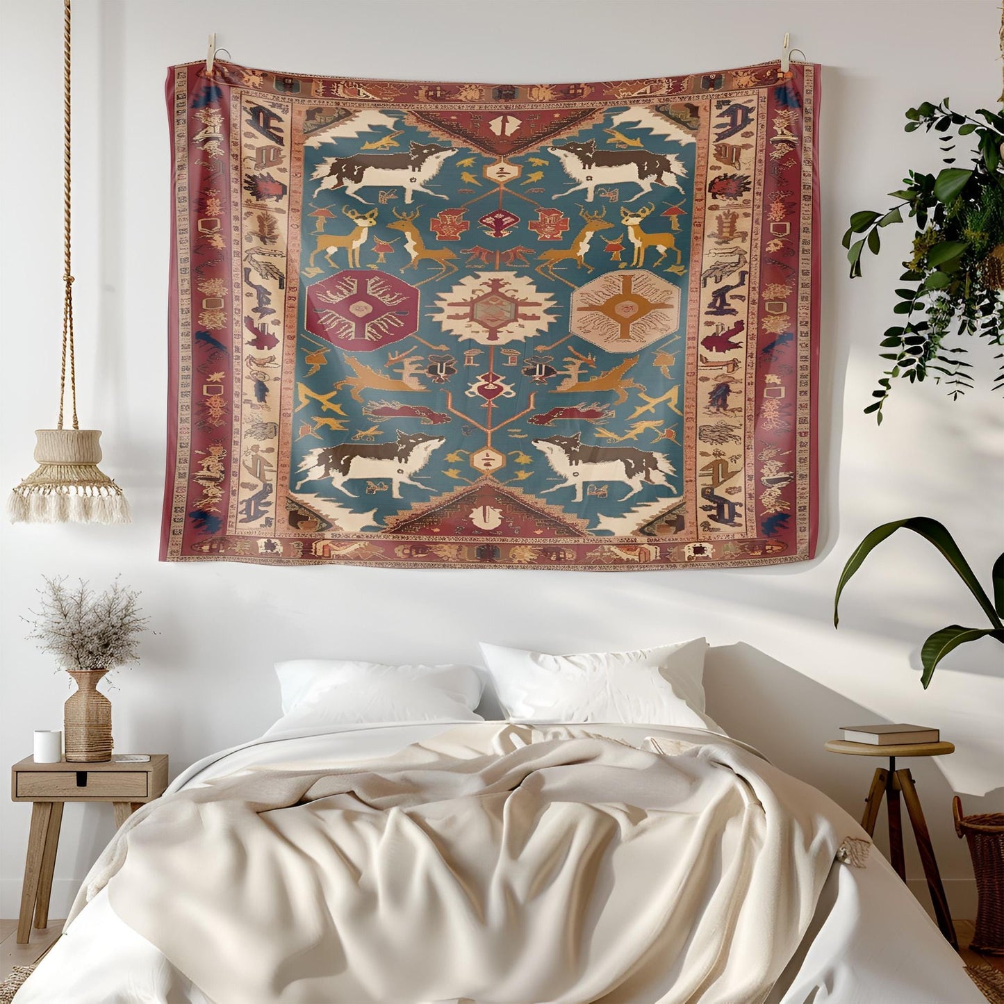 Legendary Turkish Rug Tapestry, Ancient Mythology Symbols, Wolves Deer Dragons Design, Rich Earthy Tones Wall Hanging