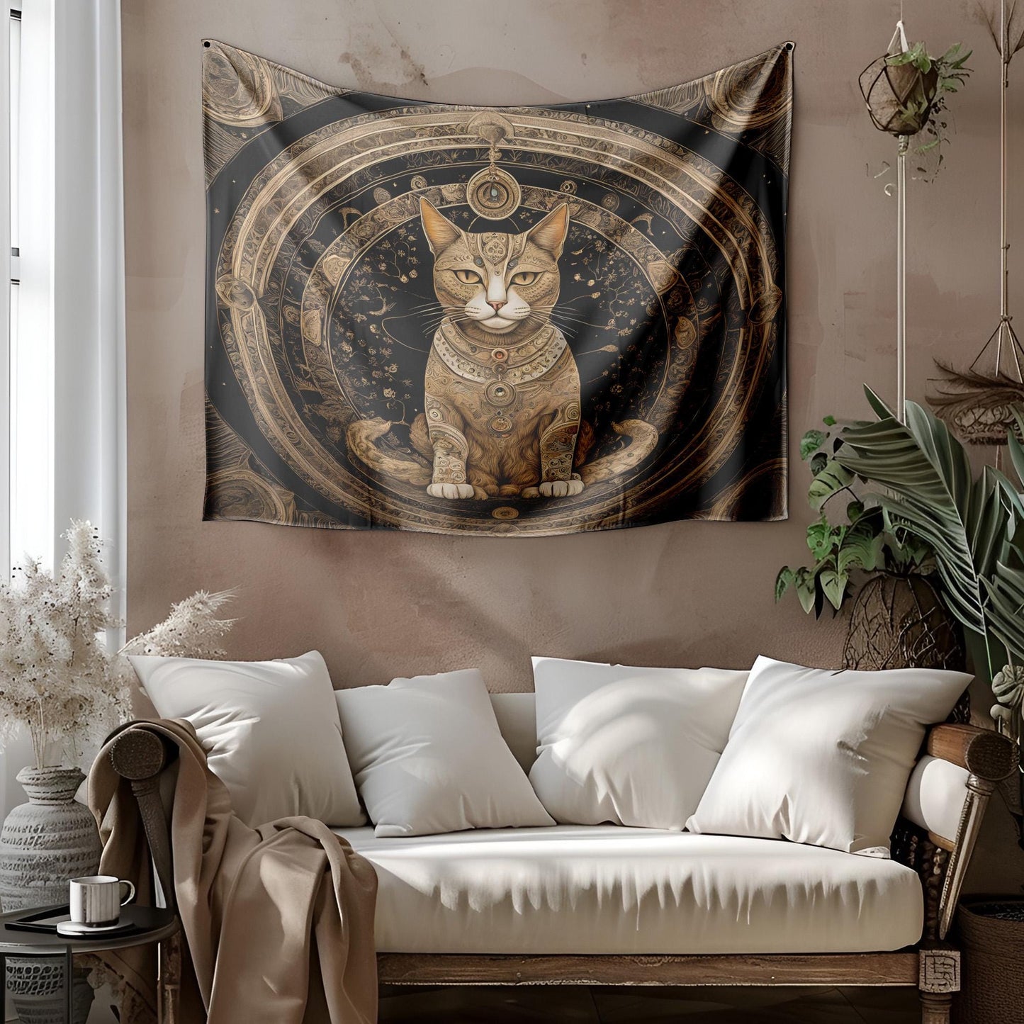Mystical Mandala Cat Tapestry - Third Eye Feline Wall Hanging - Celestial Astrology Decor - Boho Witchy Art - Spiritual Meditation Tapestry