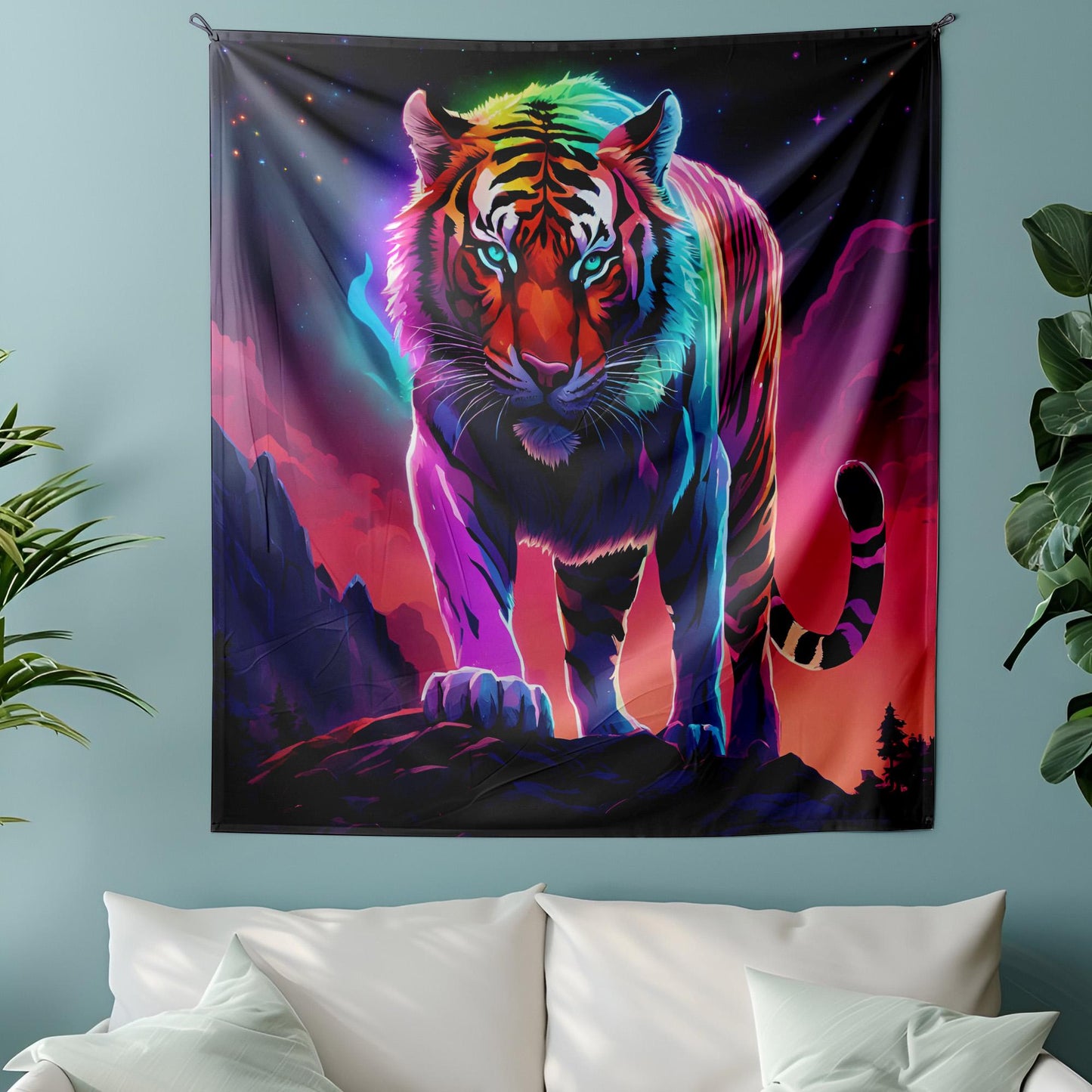 Vibrant Rainbow Tiger Tapestry - LGBT Pride Wall Hanging - Neon Cyberpunk Jungle Decor - Fierce & Colorful Animal Art