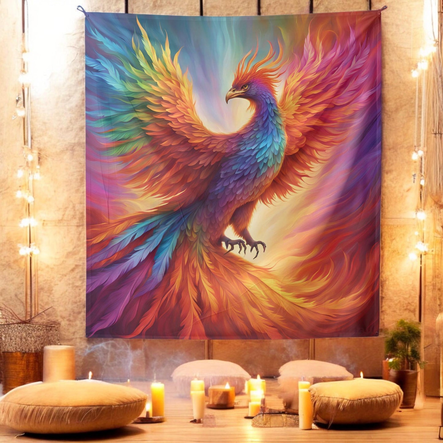 Rainbow Phoenix Tapestry - LGBT Pride Wall Hanging - Vibrant Fire Bird Artwork - Symbol of Strength, Rebirth & Transformation