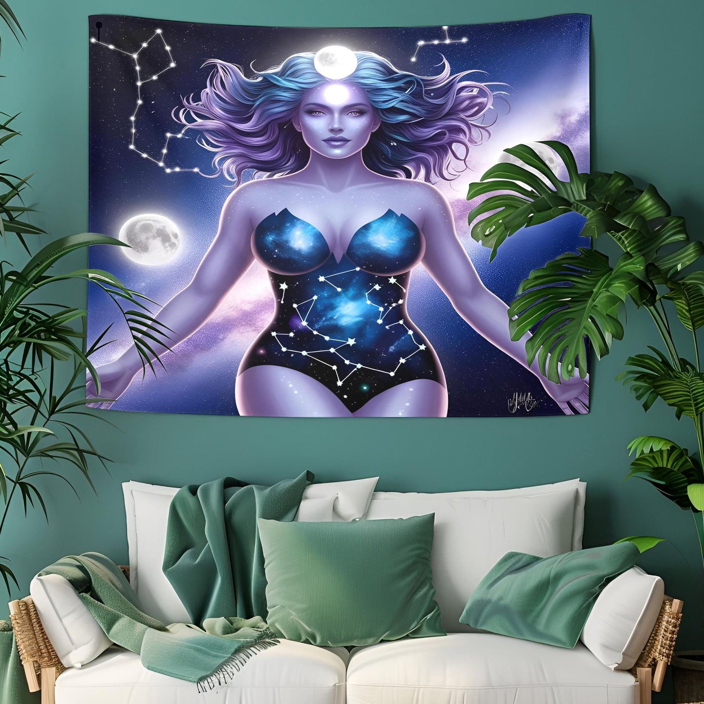 Cosmic Goddess Tapestry Full-Frame Design, Hair Blending into Galaxy, Constellations, Glowing Moons, Indigo Lavender Stardust Fantasy Art