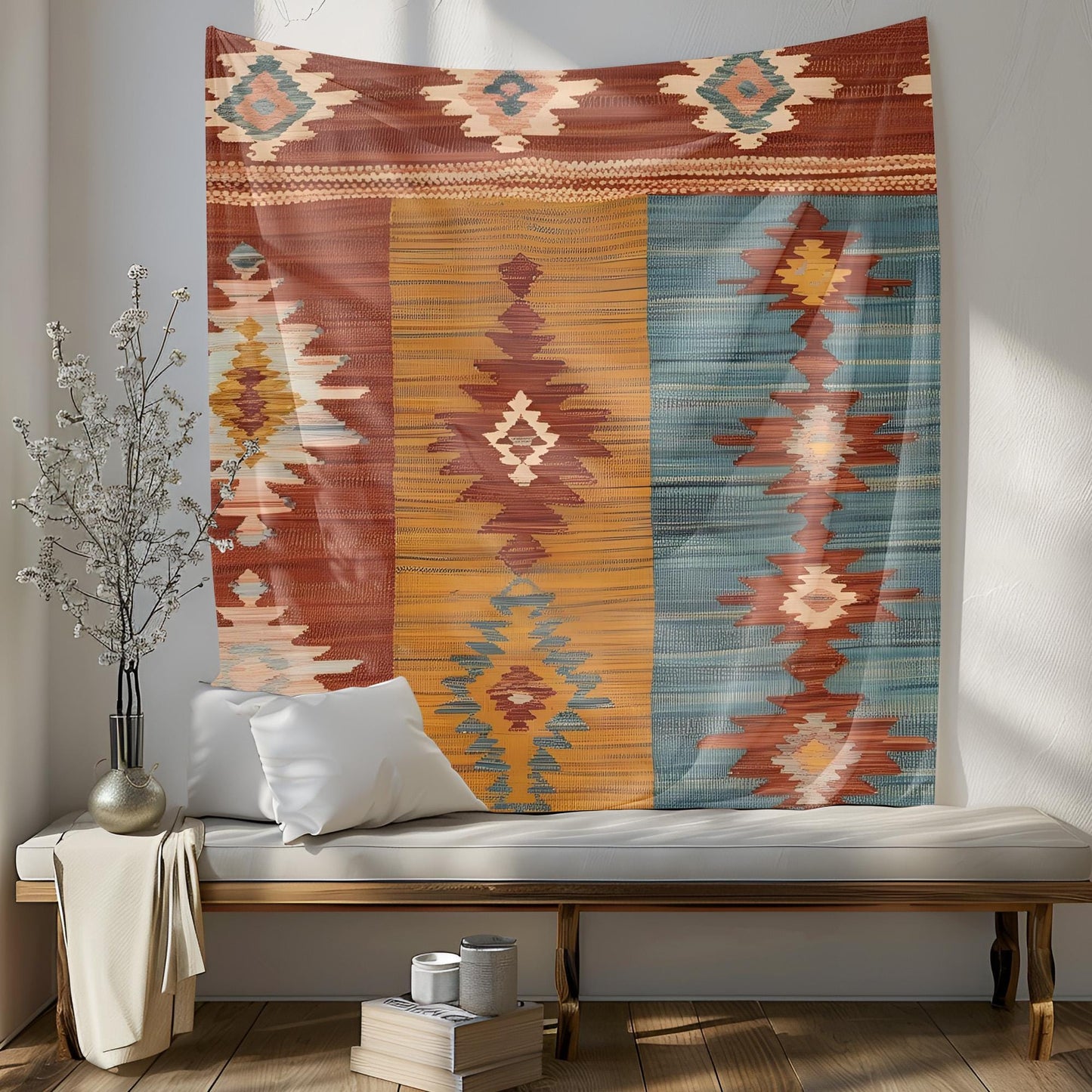 Peaceful Anatolian Kilim Tapestry, Rustic Boho Wall Hanging, Soft Woven Texture Decor, Terracotta Mustard Faded Teal Art, Bohemian Tapestry