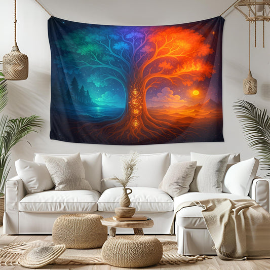 Colorful Tree of Life Tapestry Wall Hanging, Celestial Sun and Moon Art, Boho Mandala Decor for Bedroom Living Room Spiritual Vibes