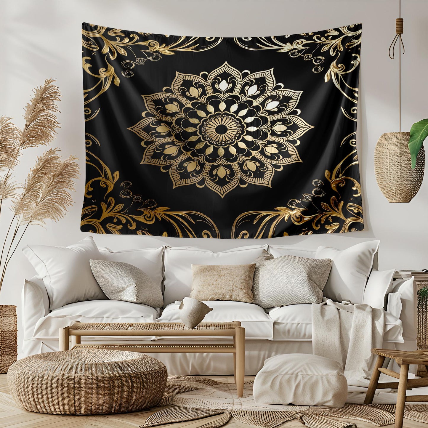 Black Gold Mandala Tapestry, Luxurious Metallic Wall Hanging, Elegant Boho Decor, Intricate Swirling Design Art, Luxurious Mandala