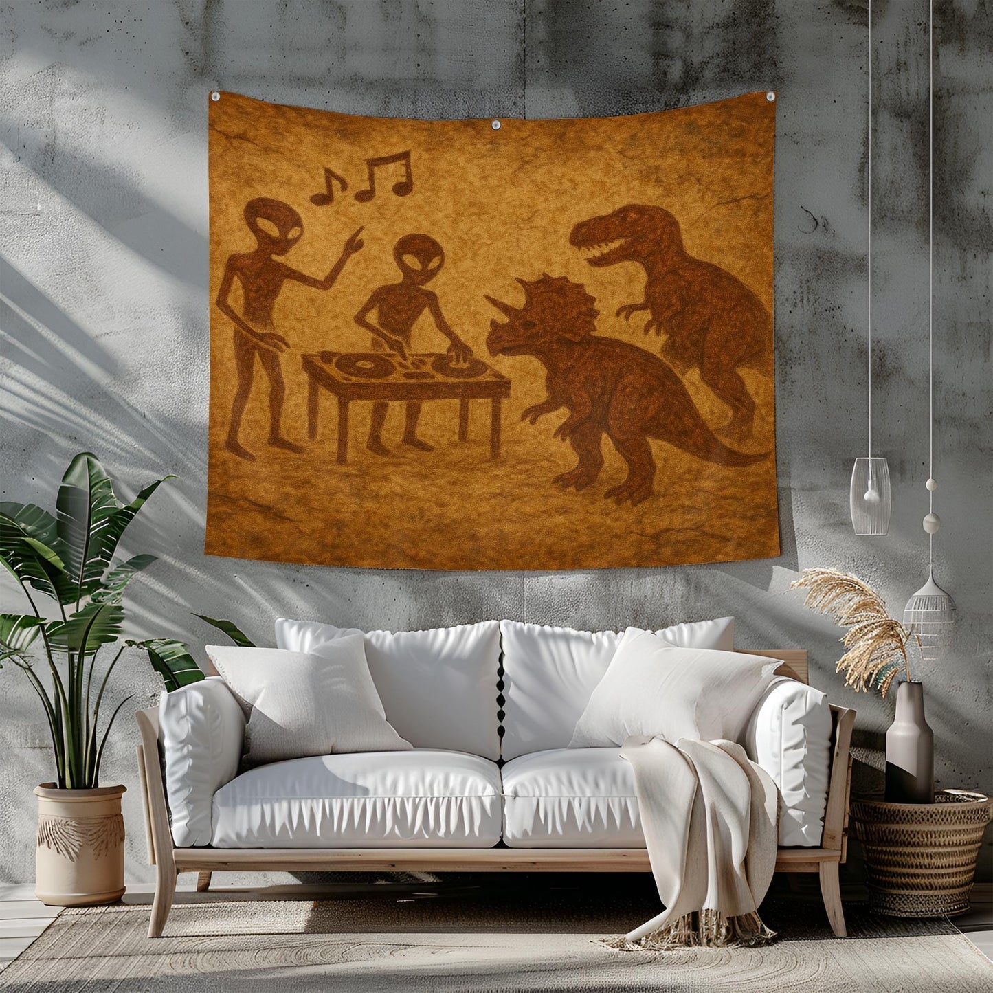 Alien DJ Dinosaur Party Tapestry, Funny Wall Art With UFO Music Scene, Prehistoric Club Decor, Unique Gift For Sci Fi And Dino Lovers