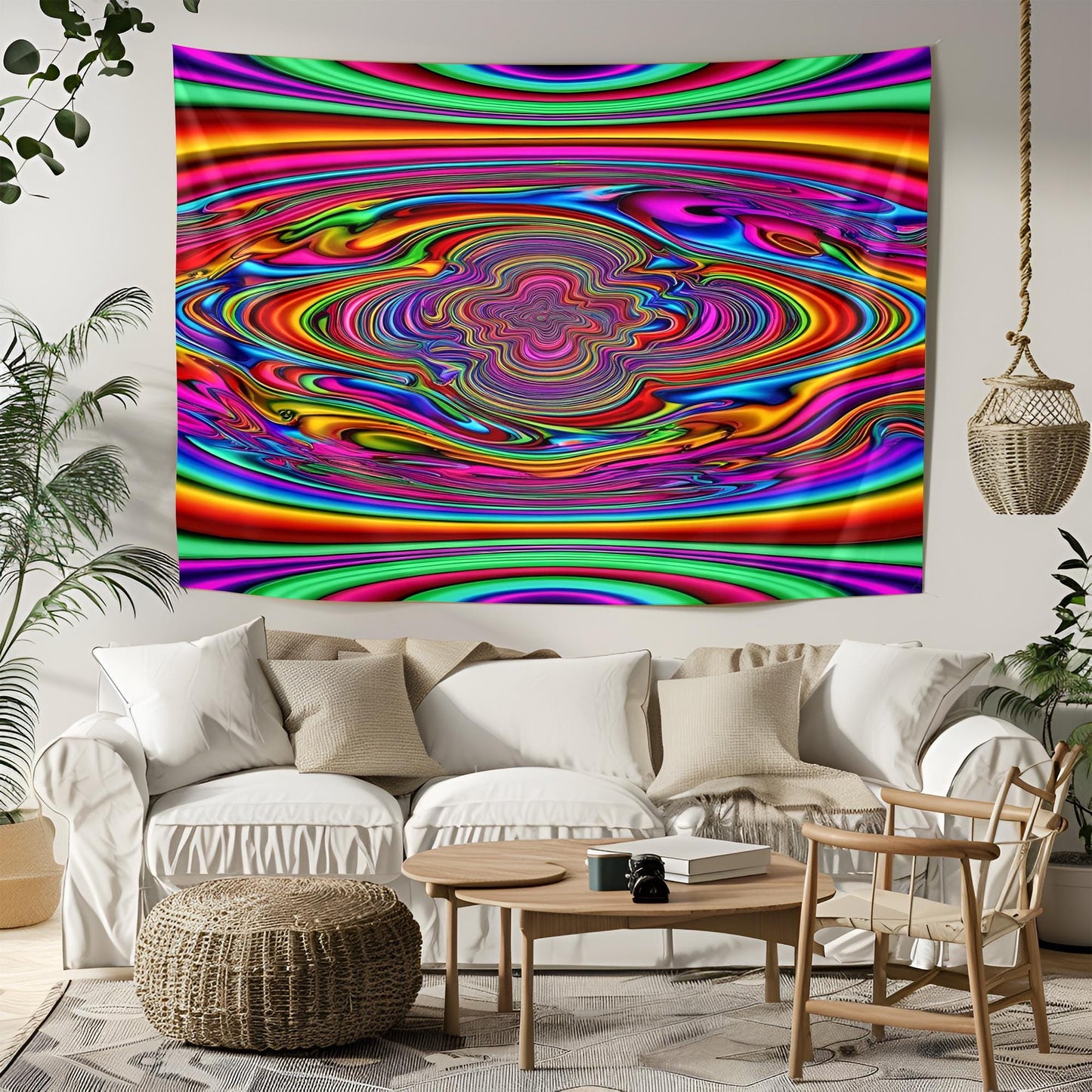 Liquid Swirling Neon Landscape Tapestry, Infinite Reflections & Shifting Patterns, Trippy Optical Illusion Psychedelic Mind-Bending Art