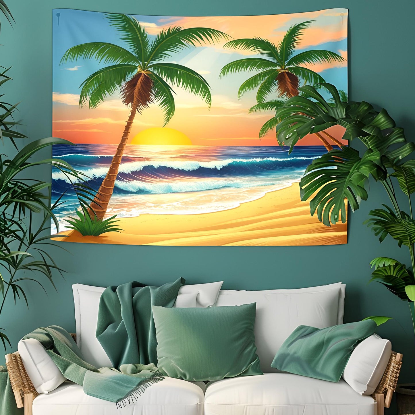 Tropical Beach Sunset Tapestry, Coconut Palm Trees & Golden Sand, Deep Blue Ocean Waves with Gentle Breeze, Warm Orange Sky Wall Art