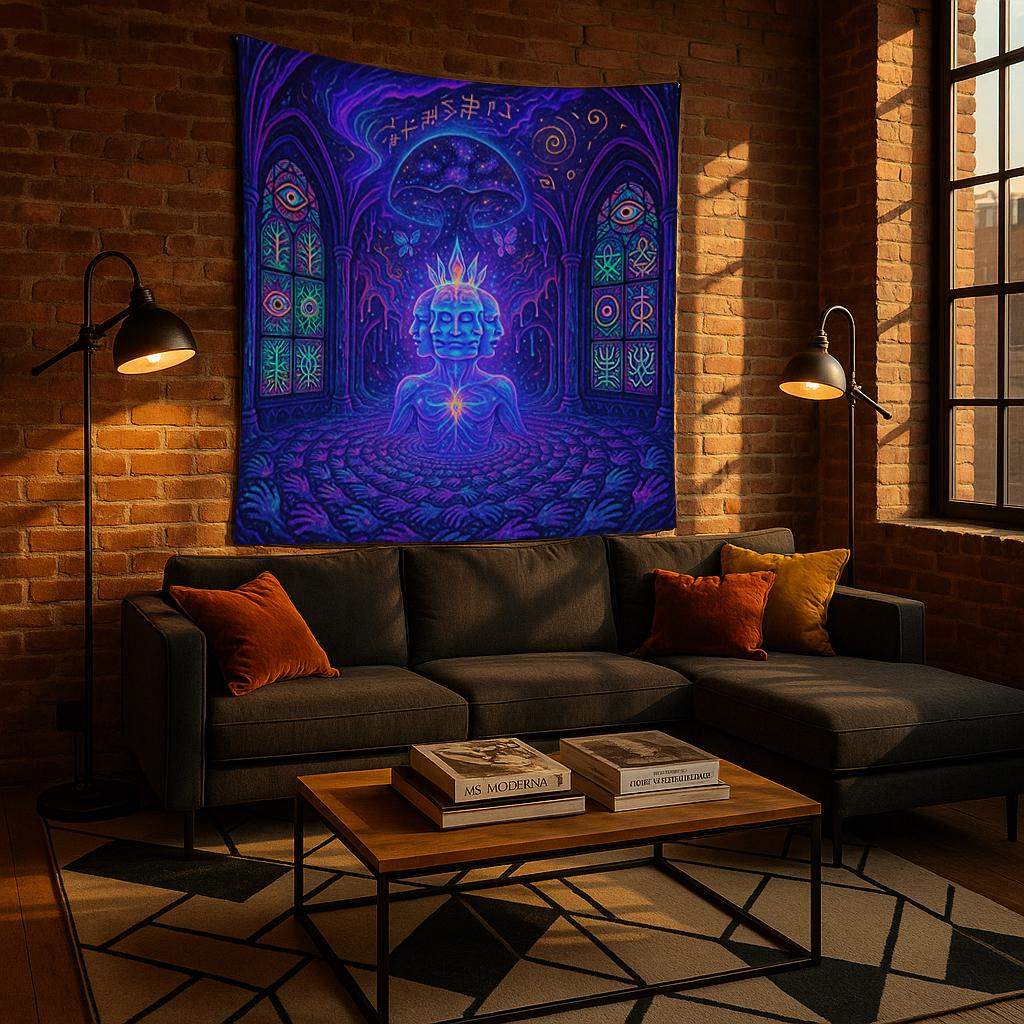 Psychedelic Wall Tapestry – Trippy Spiritual Art, Cosmic Meditation Decor, Visionary 3-Headed Deity Wall Hanging, Boho Room Aesthetic, Dorm