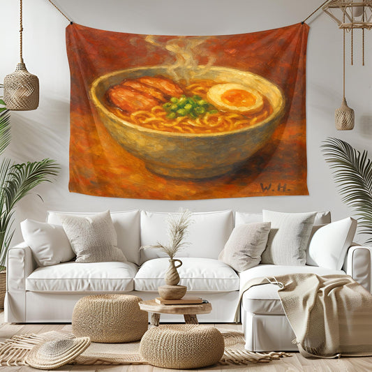 Ramen Bowl Wall Art Print, Japanese Noodle Soup Painting with Egg and Pork, Warm Kitchen Decor for Food Lovers and Ramen Enthusiasts