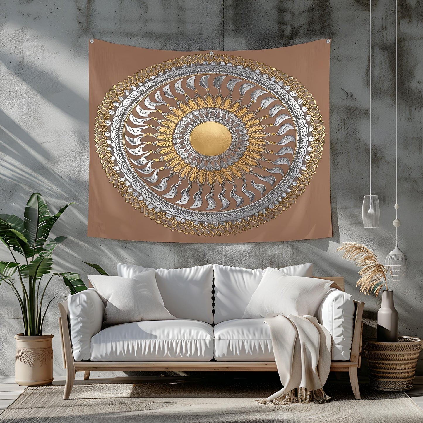 Mesmerizing Spiral Mandala Tapestry, Gold & Silver Accents, Perfectly Proportioned Radiating Design, Elegant Framed Geometric Wall Art