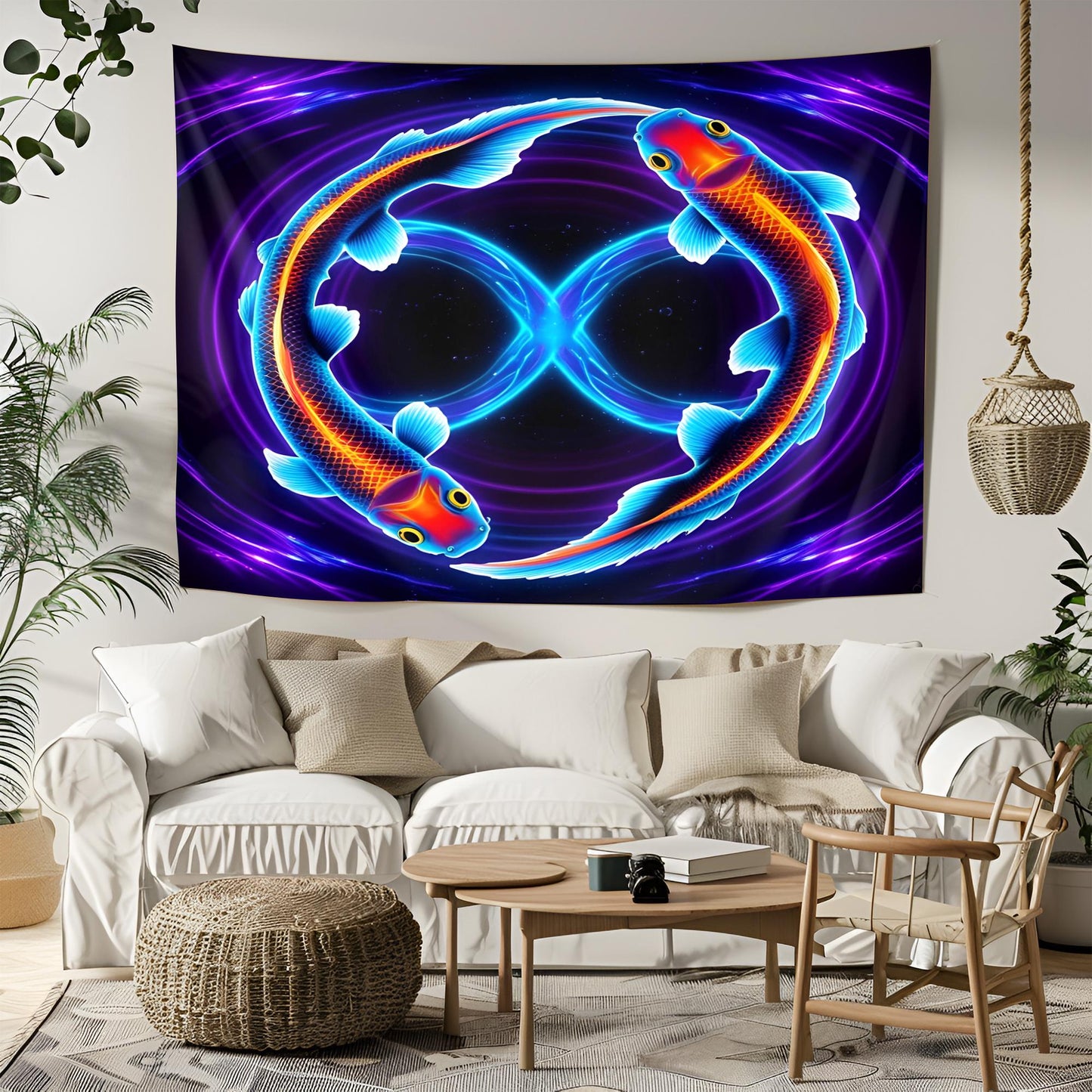 Neon Koi Fish Infinity Tapestry, Glowing Cosmic Water Ripples, Psychedelic Blue Purple Art, Mesmerizing Symbol of Balance & Energy Flow
