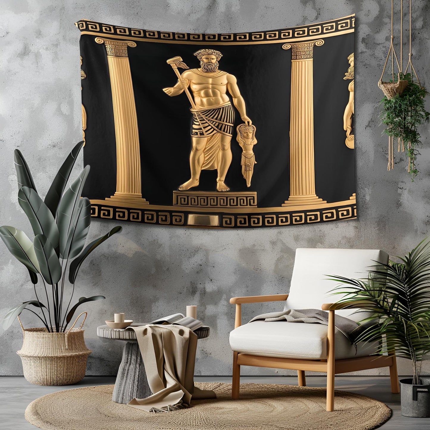 Ancient Greek Tapestry with Meander Motifs, Ionic Columns, Zeus & Athena Figures, Golden Details on Black Ceramic-Style Background