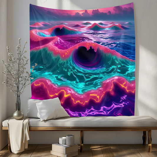 Neon Ocean Tapestry, Liquid Waves & Fractal Spirals, Bioluminescent Foam, Trippy Dreamlike Reflections Wall Art, Psychedelic Tapestry