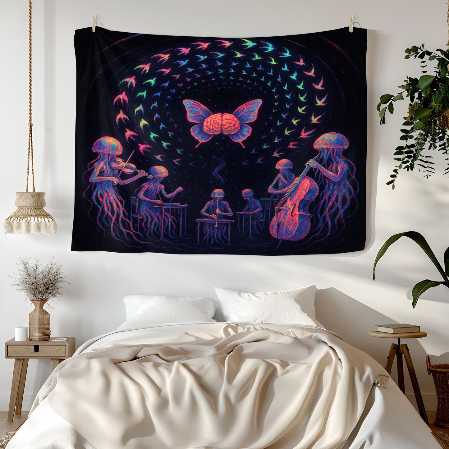Psychedelic Music Tapestry – Jellyfish Orchestra Wall Art, Brain Butterfly Decor, Trippy Band Scene, Surreal Music Lover Gift