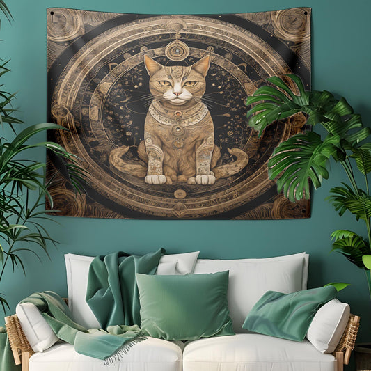 Mystical Mandala Cat Tapestry - Third Eye Feline Wall Hanging - Celestial Astrology Decor - Boho Witchy Art - Spiritual Meditation Tapestry