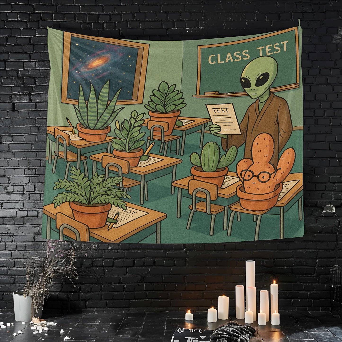 Alien Teacher Classroom Tapestry With Plant Students, Funny Galaxy Wall Art For Dorm, Sci Fi Botanical Decor, Space Gift For Plant Lover