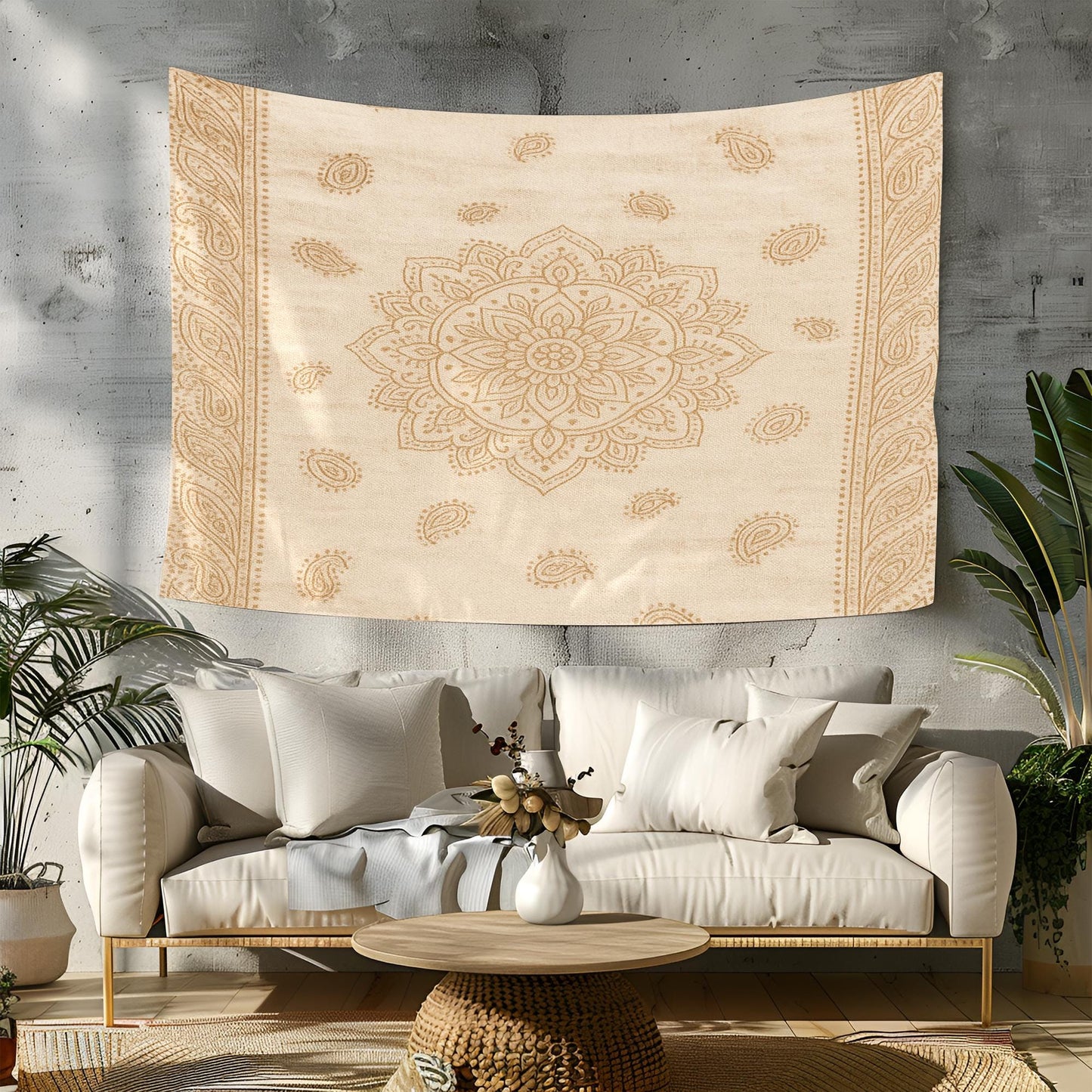 Minimalist Beige Mandala Tapestry – Elegant Boho Wall Hanging with Delicate Floral and Paisley Pattern, Soft Neutral Home Decor Accent