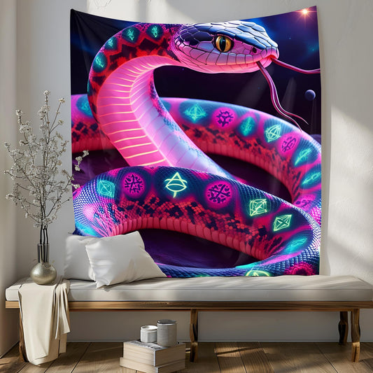 Psychedelic Neon Snake Tapestry, Shifting Fractal Patterns & Sacred Symbols, Cosmic Serpent Wall Art, Glowing Trippy Decor, Tapestry Trippy