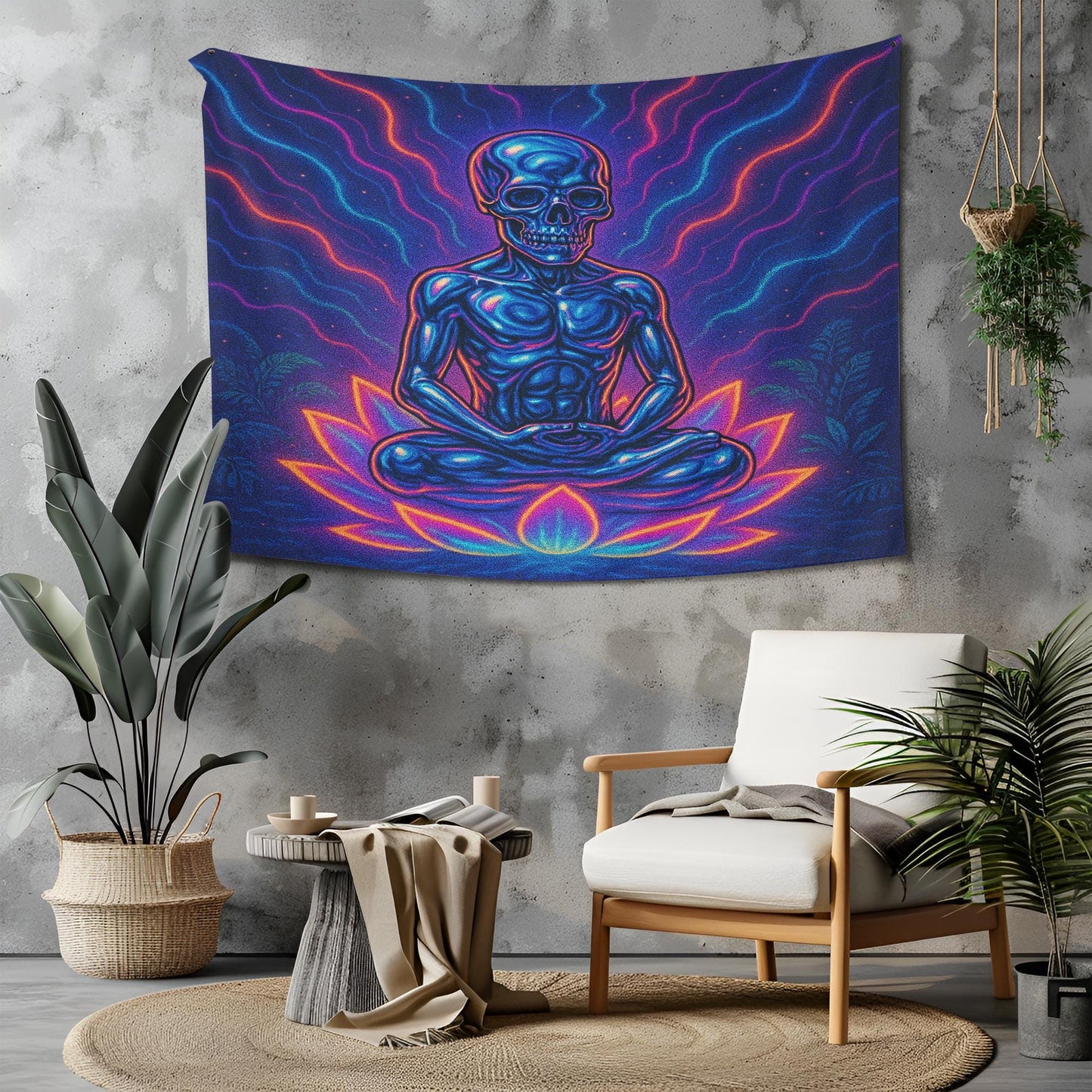 Psychedelic Skeleton Meditation Tapestry, Trippy Skull Wall Art, Cosmic Yoga Decor For Dorm Or Studio, Spiritual Gift For Him Or Her
