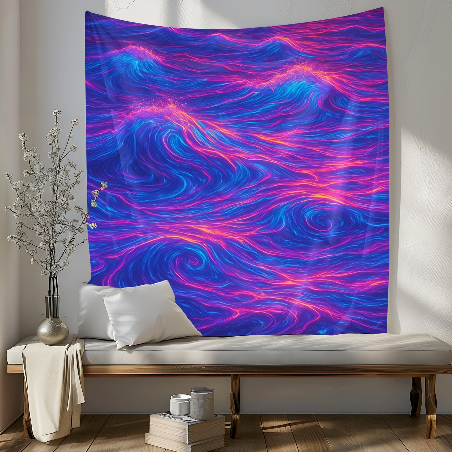 Neon Ocean Light Tapestry, Glowing Waves In Blue Purple Pink With Bioluminescent Foam, Surreal Dreamscape Wall Art, Gift For Her Or Him