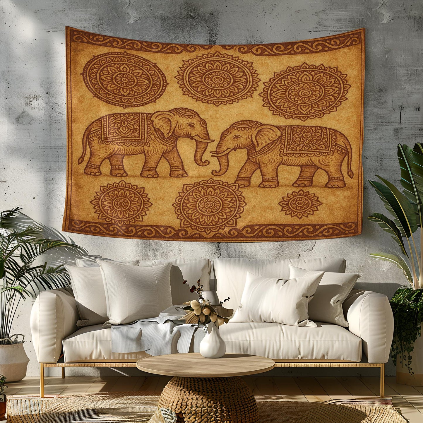 Twin Elephant Boho Wall Tapestry – Beige Mandala Tapestry with Sacred Elephant Pair and Tribal Floral Circle Accents for Zen Decor