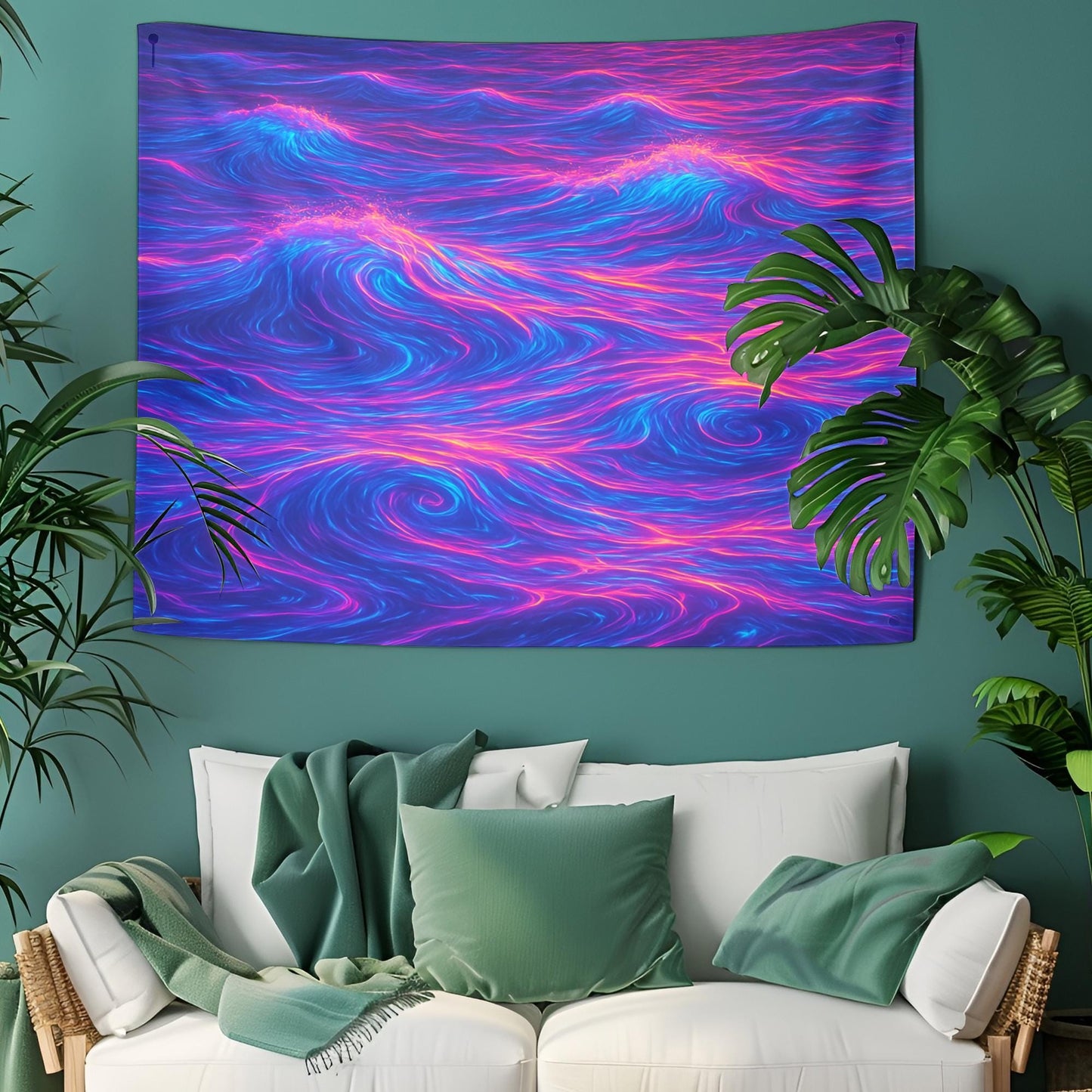 Neon Ocean Light Tapestry, Glowing Waves In Blue Purple Pink With Bioluminescent Foam, Surreal Dreamscape Wall Art, Gift For Her Or Him