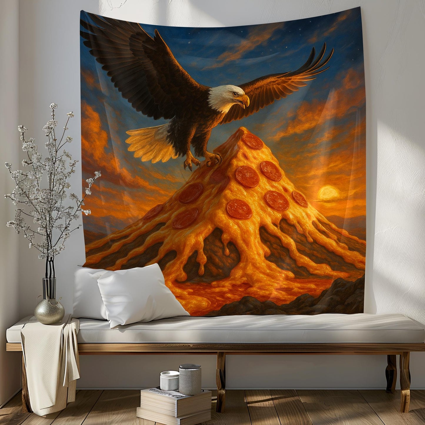 Patriotic Eagle On Pizza Mountain Tapestry, Funny Wall Art For Dorm Room, Bold Americana Galaxy Decor, Unique Gift For Pizza Or Eagle Lover