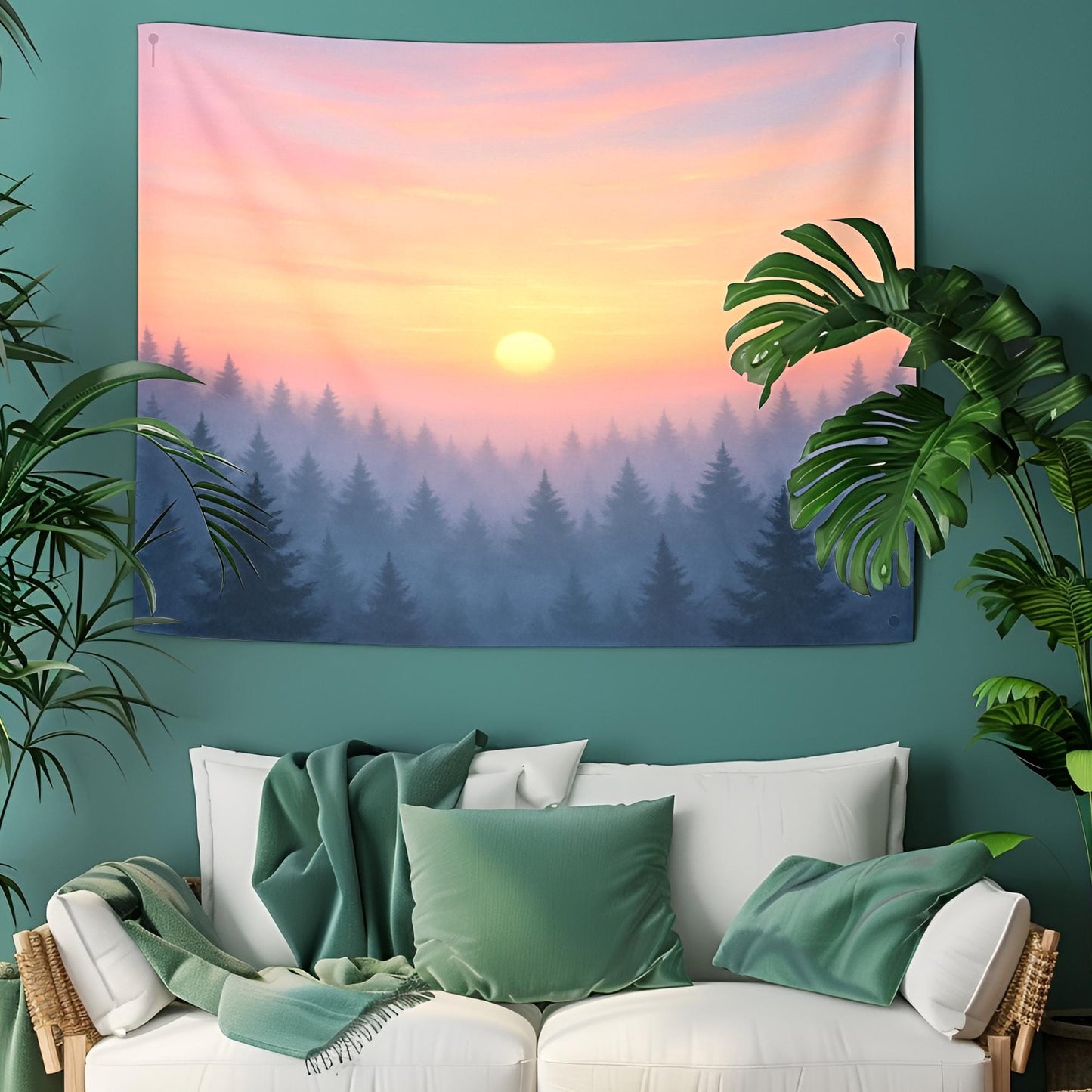 Sunrise Forest Landscape Tapestry with Misty Pine Trees and Pastel Sky – Tranquil Nature Wall Art for Boho Home and Bedroom Decor