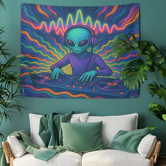 Alien DJ Psychedelic Tapestry, Trippy Space Music Wall Art, Colorful Rave Decor For Bedroom Or Dorm, Cool Gift For EDM Lovers And DJs