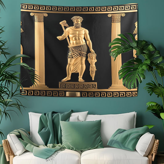 Ancient Greek Tapestry with Meander Motifs, Ionic Columns, Zeus & Athena Figures, Golden Details on Black Ceramic-Style Background