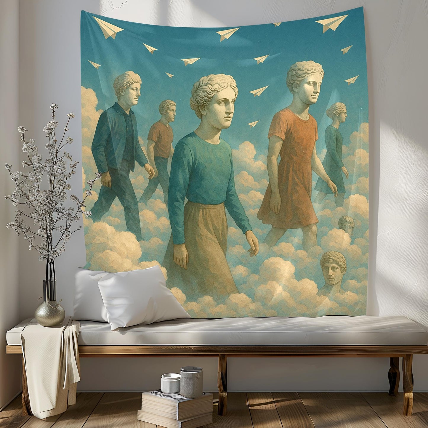 Cloud Walkers Tapestry With Ancient Sculpture Heads And Reverse Paper Planes, Surreal Dreamscape Wall Art, Thoughtful Gift For Him Or Her