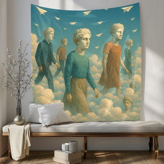 Cloud Walkers Tapestry With Ancient Sculpture Heads And Reverse Paper Planes, Surreal Dreamscape Wall Art, Thoughtful Gift For Him Or Her