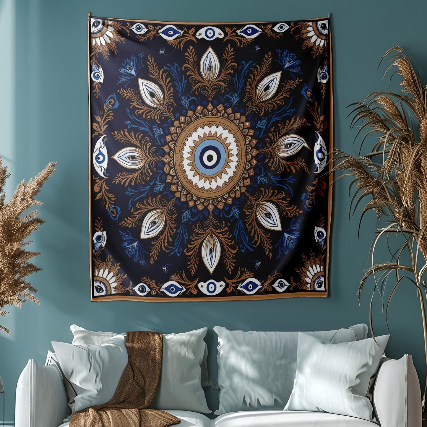Mystic Turkish Evil Eye Tapestry, Anatolian Folk Art Wall Hanging, Turkish Wallhang, Deep Blue Gold White Decor, Symmetrical Pattern Design