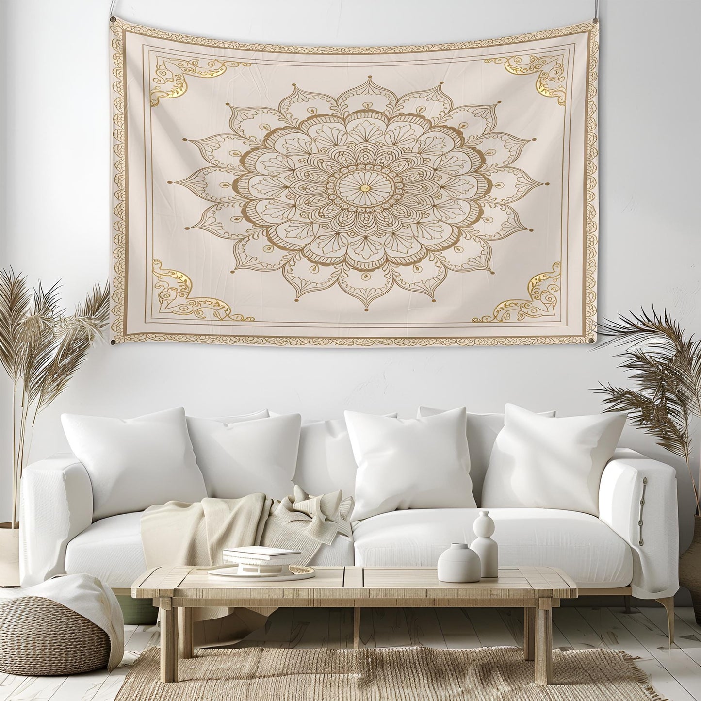 Symmetrical Indian Mandala Tapestry, Delicate Gold Filigree Details, Subtle Decorative Frame, Square Layout, Elegant Boho Wall Art