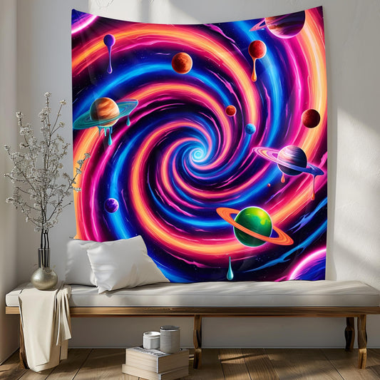 Neon Spiral Galaxy Tapestry, Trippy Cosmic Wormhole Art, Dripping Space Liquids, Vibrant Electric Planet Decor, Psychedelic Tapestry
