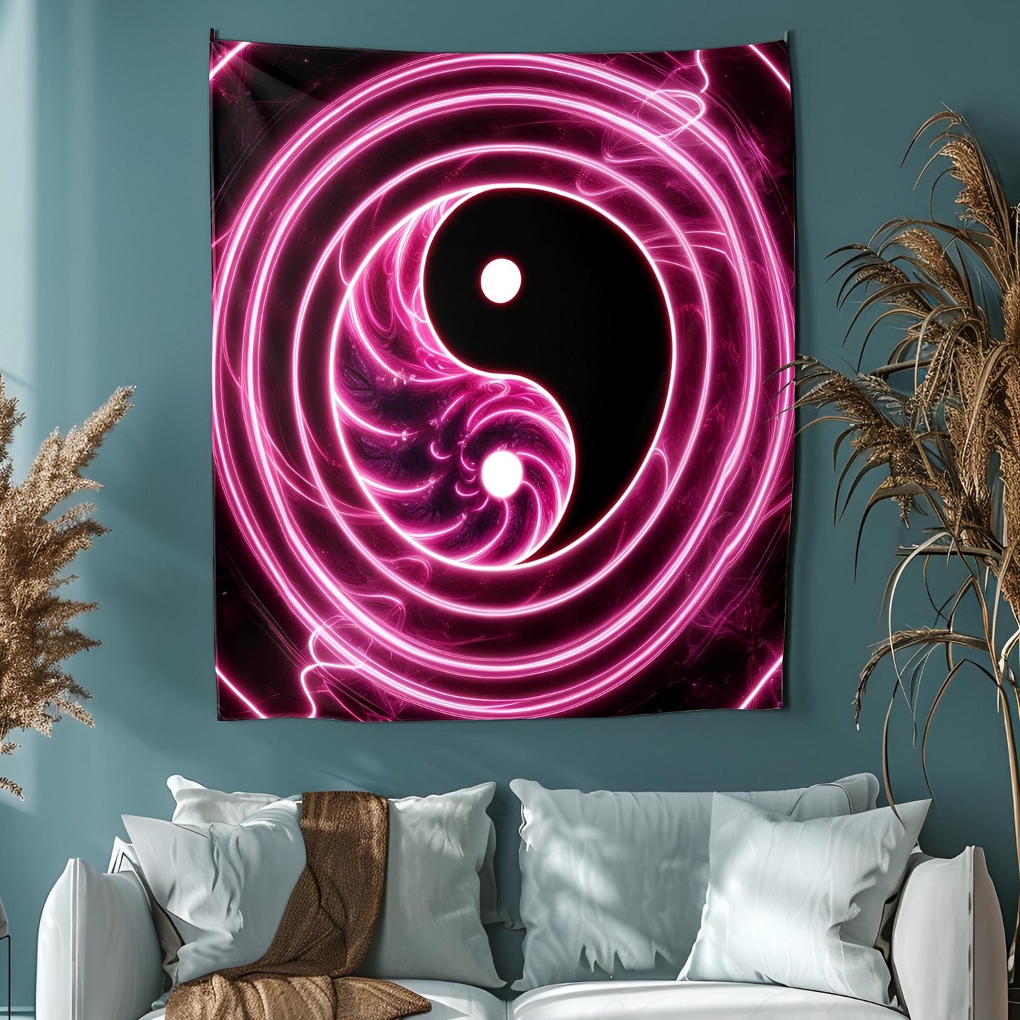 Massive Glowing Yin Yang Tapestry, Neon Swirling Light Trails, Infinite Fractal Reflections, Ultra HD Psychedelic Balance Symbol Wall Art