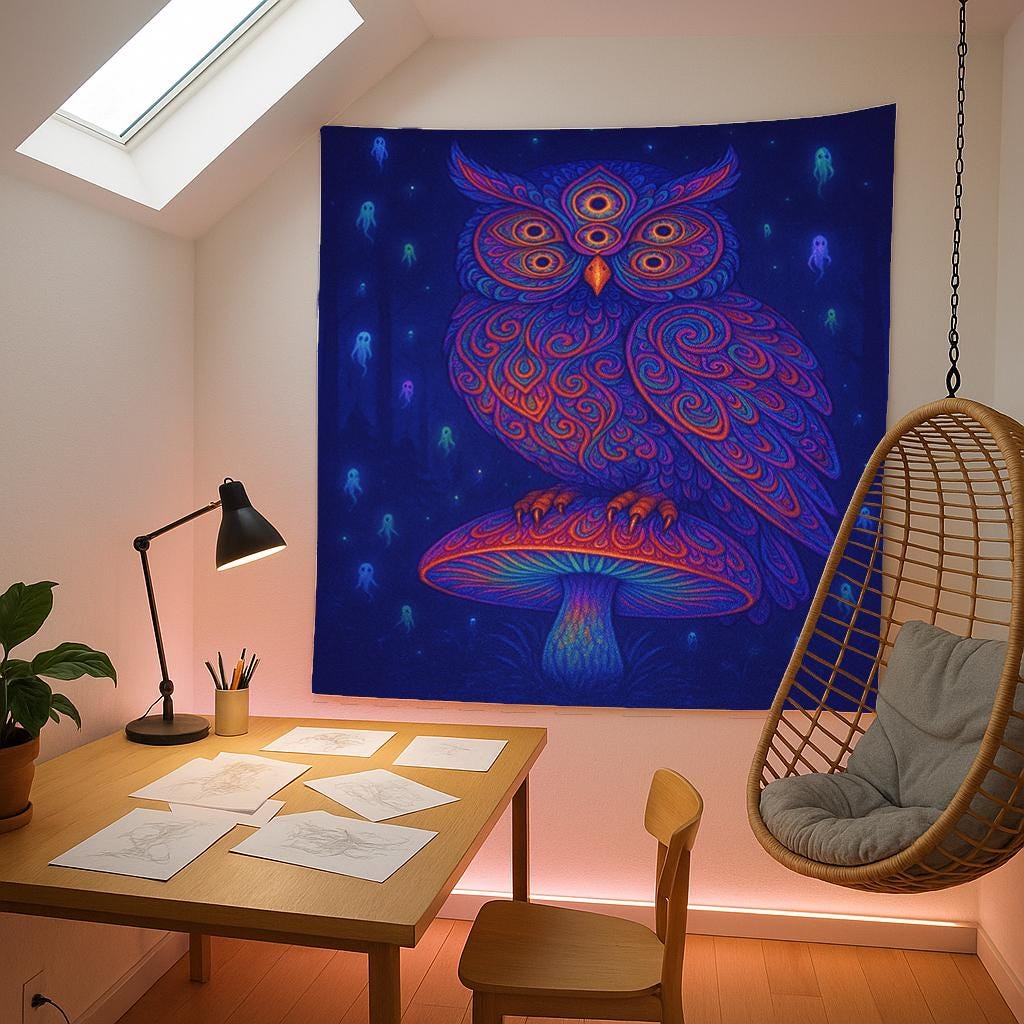 Psychedelic Owl Tapestry, Trippy Mushroom Wall Art, Boho Room Decor, Visionary Spirit Print, Mystical Night Banner, Bohemian Gift