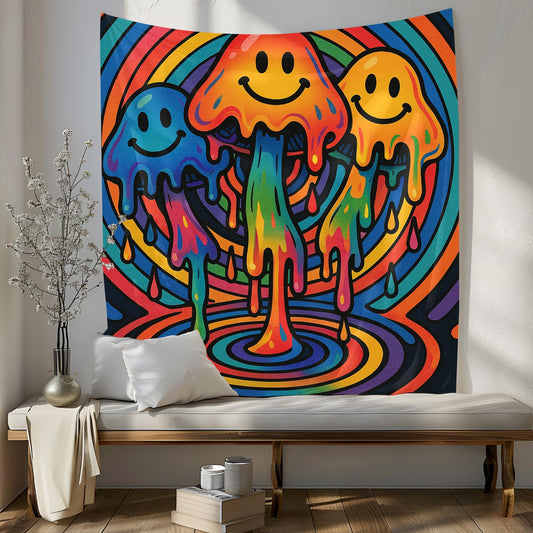 Psychedelic Mushroom Tapestry Wall Art, Trippy Smiley Face Drip Decor For Dorm Or Game Room, Vibrant Boho Gift For Friends Or Teens