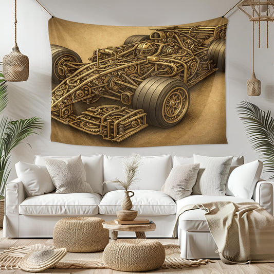 Steampunk Car Tapestry – Vintage Race Wall Art, Mechanical Gear Decor, Industrial Auto Print, Retro Car Lovers Gift