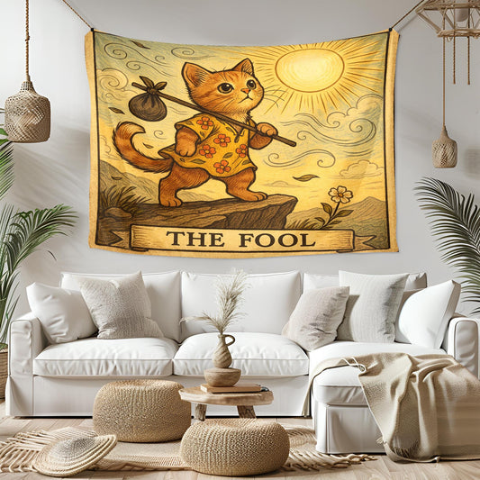 The Fool Cat Tapestry – Tarot Cat Wall Art, Playful Boho Cat Decor, Sunshine Journey Tapestry for Bedroom, Dorm or Creative Space