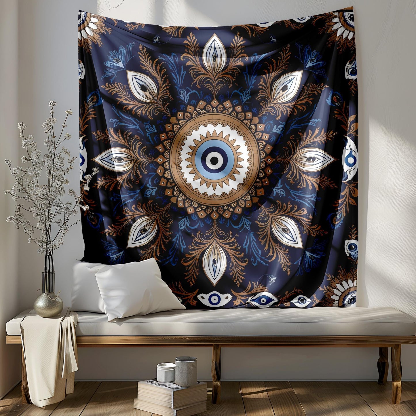 Mystic Turkish Evil Eye Tapestry, Anatolian Folk Art Wall Hanging, Turkish Wallhang, Deep Blue Gold White Decor, Symmetrical Pattern Design