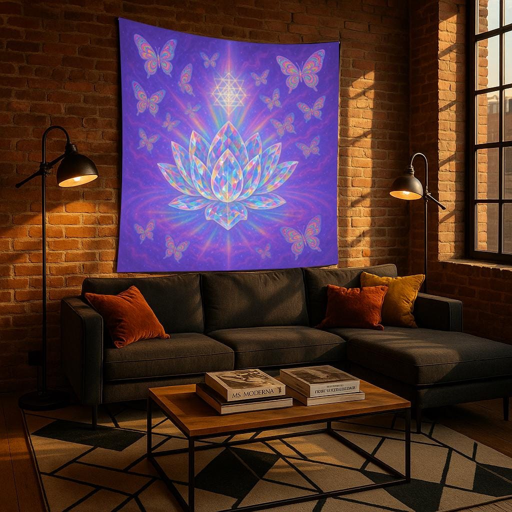 Crystal Lotus Tapestry, Spiritual Butterfly Wall Art, Pink Purple Boho Decor, Meditation Yoga Room Hanging, Sacred Geometry Gift