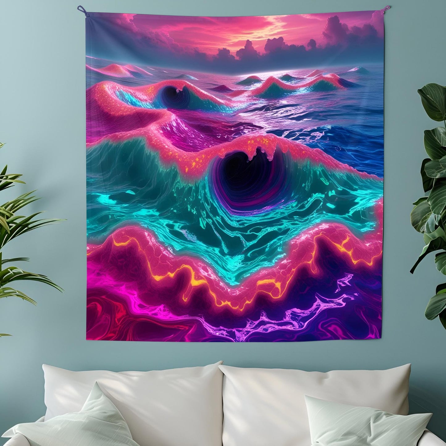 Neon Ocean Tapestry, Liquid Waves & Fractal Spirals, Bioluminescent Foam, Trippy Dreamlike Reflections Wall Art, Psychedelic Tapestry