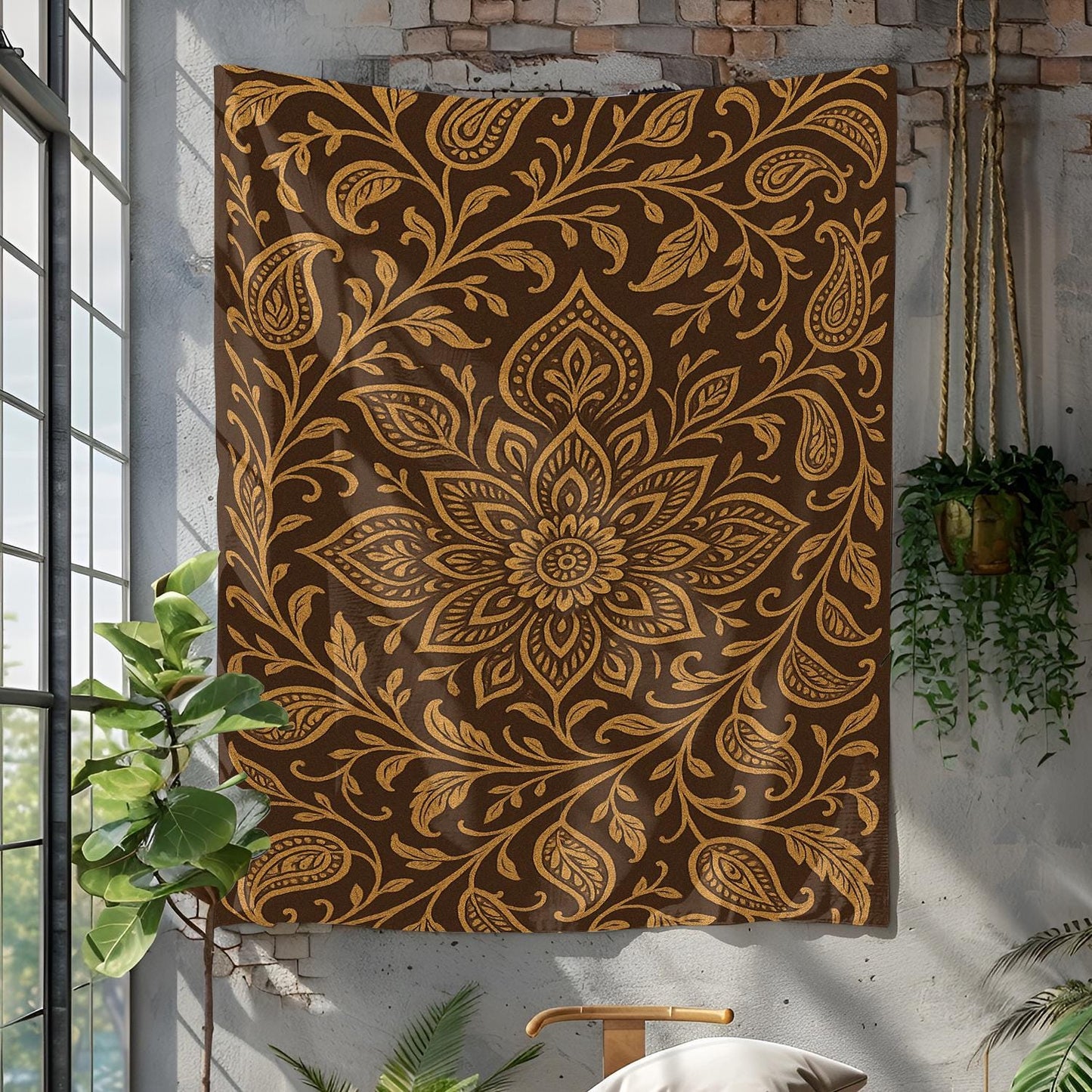 Floral Boho Wall Tapestry in Brown and Gold – Botanical Mandala Design Wall Hanging for Bedroom, Living Room or Meditation Space