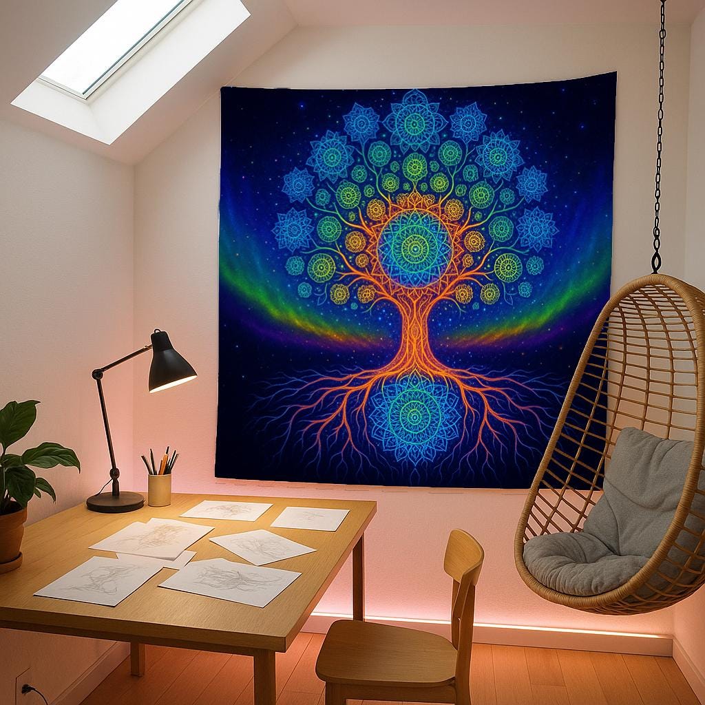 Mandala Tree of Life Tapestry Wall Hanging, Psychedelic Rainbow Art Decor, Spiritual Boho Wall Art for Bedroom Living Room Ambience
