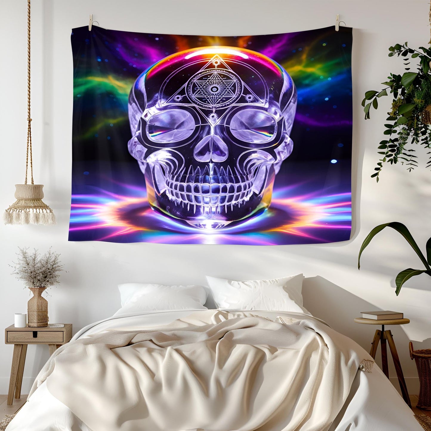 Translucent Crystal Skull Tapestry, Glowing Rainbow Hues, Sacred Geometry Carvings, Cosmic Energy Pulsating, Psychedelic Surreal Art