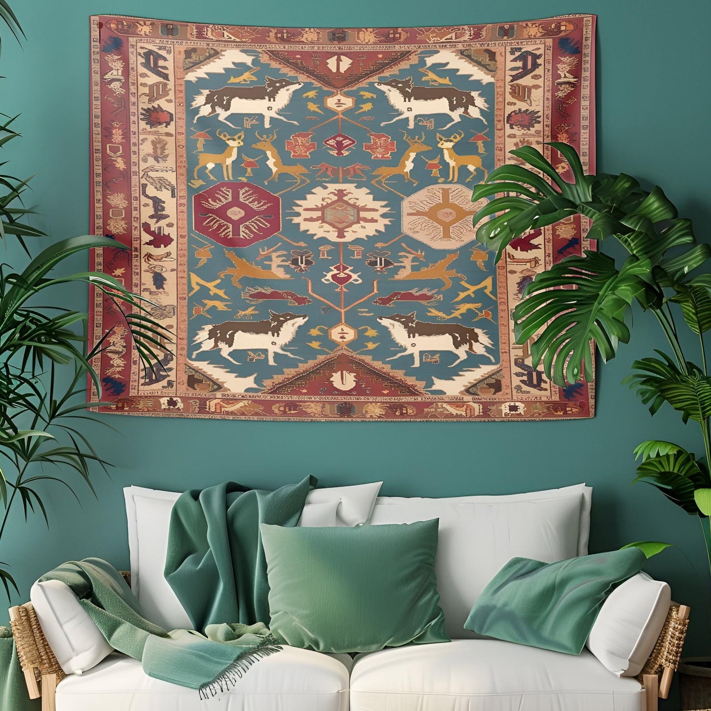 Legendary Turkish Rug Tapestry, Ancient Mythology Symbols, Wolves Deer Dragons Design, Rich Earthy Tones Wall Hanging