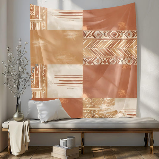 Bohemian Desert Night Tapestry, Minimal Geometric Wall Hanging, Warm Ochre Sandy Beige Soft Clay Decor, Vintage Distressed Art