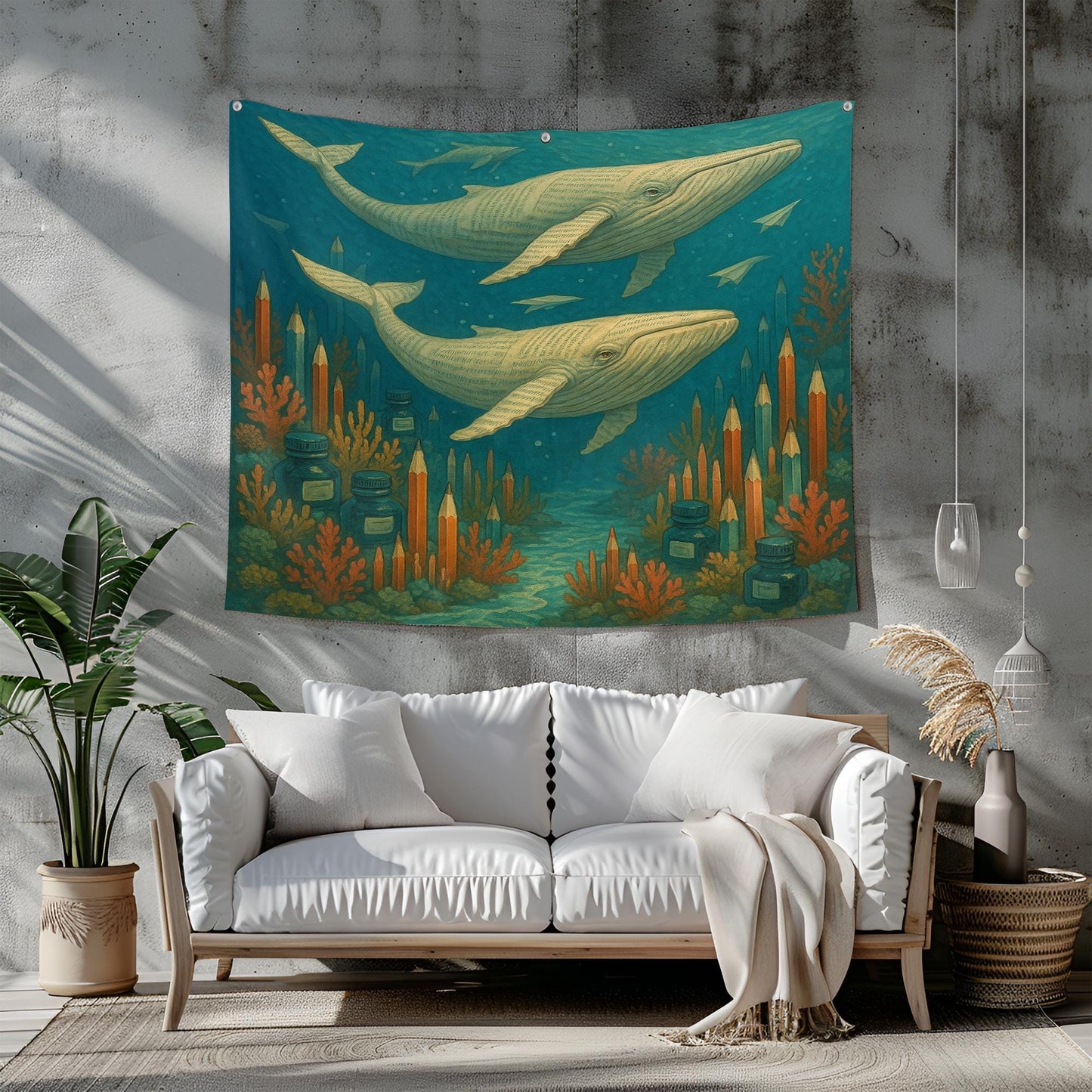 Book Page Whales Tapestry, Surreal Underwater Scene With Pencil Coral Reefs And Ink Sea, Dreamy Literary Wall Art, Gift For Book Lovers