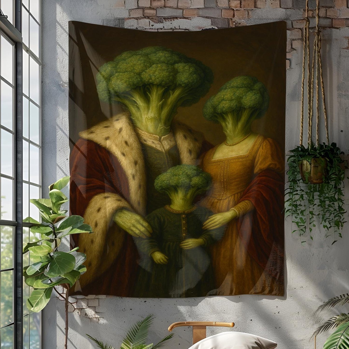 Funny Broccoli Family Portrait Tapestry, Renaissance Style Wall Art, Weird Vegetable Decor For Kitchen Or Dorm, Gift For Veggie Lovers
